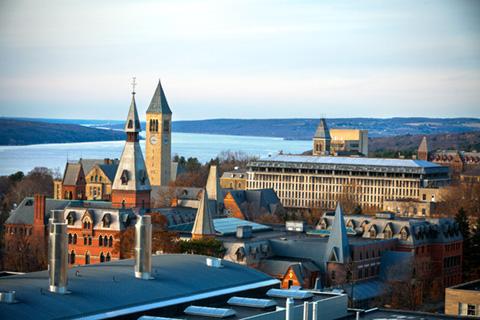 Cornell campus buildings and Cayuga Lake.